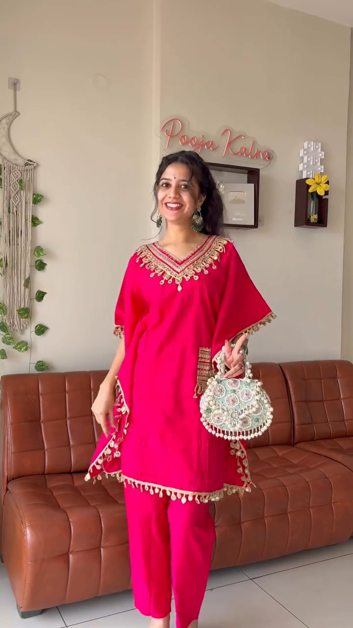 Bright Pink Embellished Kurta Pant Set with Tassel Detailing